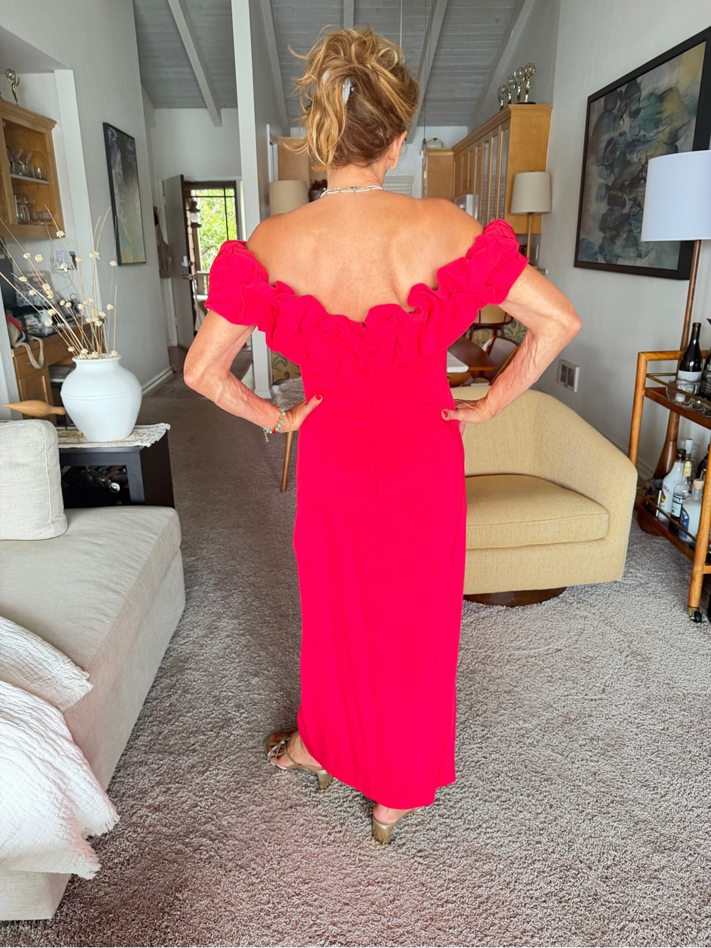 Phase Eight Off-Shoulder Ruffle Dress in Raspberry Pink - Picture 3 of 5